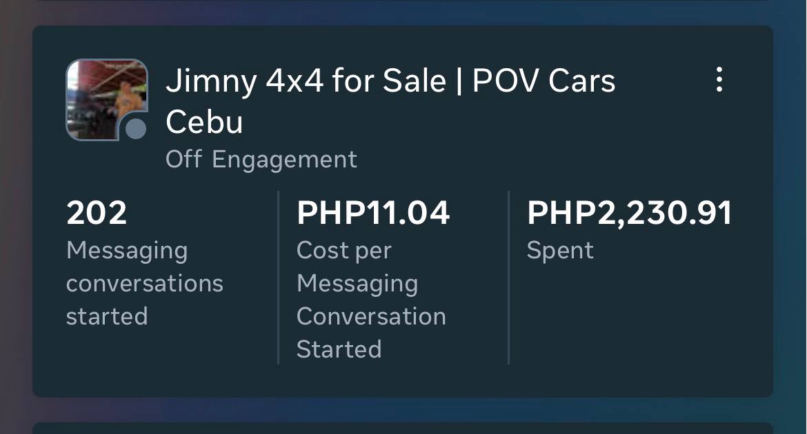 Meta campaign activity showing 202 messaging conversations with the campaign name hidden